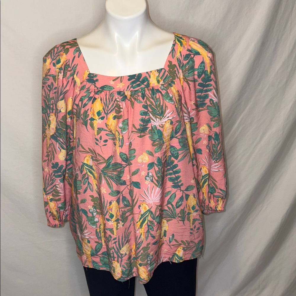 Lauren Conrad Floral salmon and green blouse.